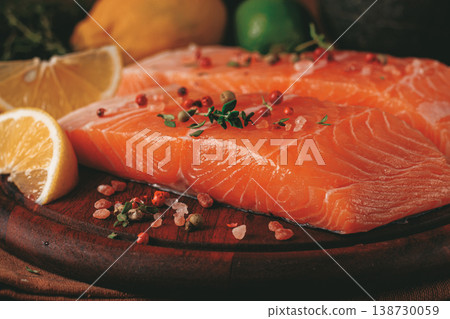 Fresh salmon fillets on a wooden platter with citrus slices and herbs arranged for cooking Fresh salmon fillets on a wooden platter with citrus slices and herbs arranged for cooking 138730059