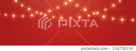 Christmas gold light bg. Fairy bulb red banner. New Year luxury string garland. Winter party background. Led neon baubles. Festive border. Glow lamp frame. Glitter bright. Vector illustration Christmas gold light bg. Fairy bulb red banner. New Year luxury string garland. Winter party background. Led neon baubles. Festive border. Glow lamp frame. Glitter bright. Vector illustration 138730139
