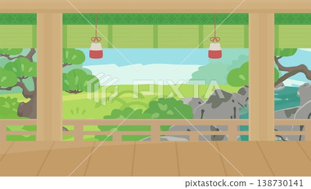 A background illustration of a Shinden-zukuri style building looking at a Japanese garden from inside the building_16:9 138730141