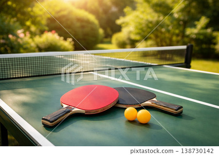 Ping Pong Paddles and Balls on Outdoor Table Ping Pong Paddles and Balls on Outdoor Table 138730142