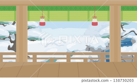 A background illustration of a Shinden-zukuri style building looking at a Japanese garden from inside the building_Winter_16:9 A background illustration of a Shinden-zukuri style building looking at a Japanese garden from inside the building_Winter_16:9 138730203