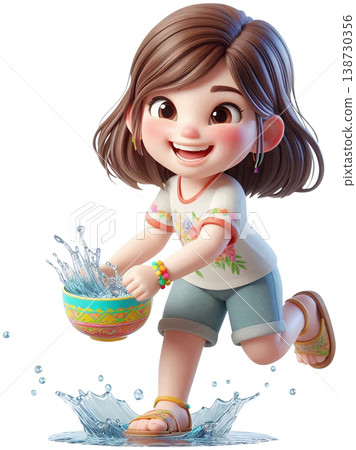 A cute teenage girl in a simple outfit splashing water with a bowl, cheerful expression, Songkran theme 138730356