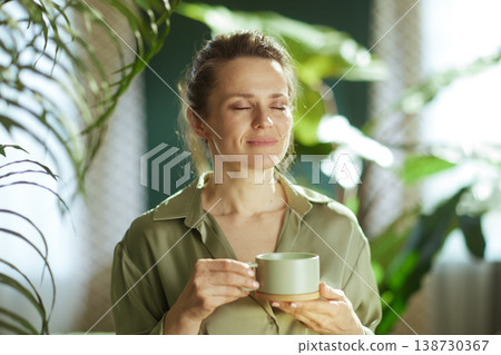 Mindful Morning Coffee Routine in an Indoor Garden 138730367