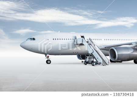 Wide body passenger airplane with aircraft steps on bright background with sky Wide body passenger airplane with aircraft steps on bright background with sky 138730418