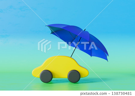A yellow car is shown with a blue umbrella above it. This design represents the idea of car insurance. The scene is simple and focuses on the car and umbrella against a blue backdrop A yellow car is shown with a blue umbrella above it. This design represents the idea of car insurance. The scene is simple and focuses on the car and umbrella against a blue backdrop 138730481