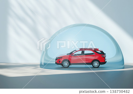 A 3D render shows a vehicle inside a clear dome structure. This design represents the concept of car insurance, emphasizing protection for the car. Light falls gently on the scene A 3D render shows a vehicle inside a clear dome structure. This design represents the concept of car insurance, emphasizing protection for the car. Light falls gently on the scene 138730482