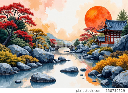 This vibrant digital image of a serene Japanese landscape 138730529