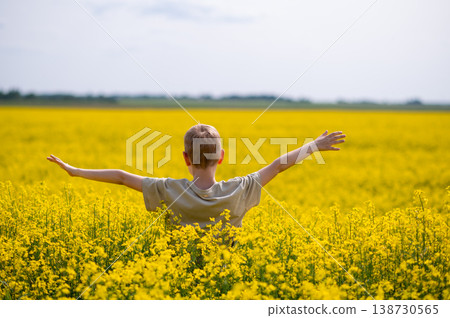 Joyful boy with arms outstretched standing in a yellow blooming rapeseed field under blue sky Joyful boy with arms outstretched standing in a yellow blooming rapeseed field under blue sky 138730565