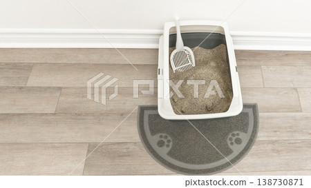 Cat litter box with sand and scoop on a mat, positioned on a wooden floor against a light-colored wall in a clean indoor setting Cat litter box with sand and scoop on a mat, positioned on a wooden floor against a light-colored wall in a clean indoor setting 138730871
