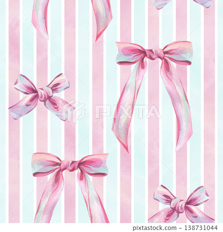 Watercolor seamless pattern with pink silk bows on striped background. Cute decorative ribbon print for girlish textile, wrapping paper, stationery design, baby shower and birthday party. Watercolor seamless pattern with pink silk bows on striped background. Cute decorative ribbon print for girlish textile, wrapping paper, stationery design, baby shower and birthday party. 138731044