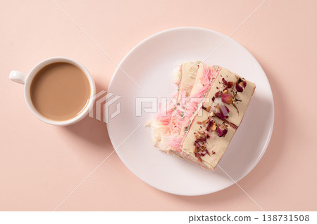 Top view dessert with coffee on pastel background minimal cafe concept 138731508