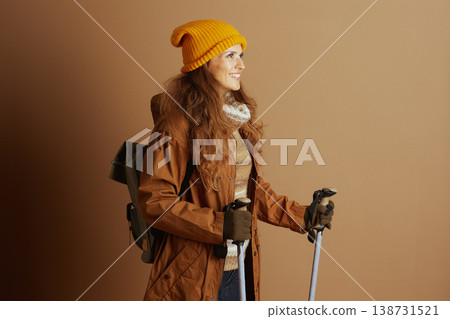 Hiker in Profile with Backpack and Trekking Poles 138731521