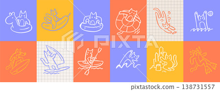 Summer cat activities doodle set. Cute funny white kitty characters surfing, swimming and relaxing on colorful square background. Quirky hand drawn vector illustration collection for beach vacation. 138731557