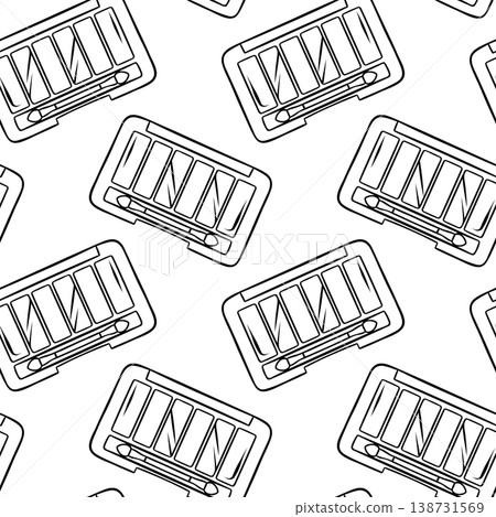 Eyeshadow palette pattern, black and white doodle style. Repeating cosmetic design for makeup packaging or beauty branding 138731569