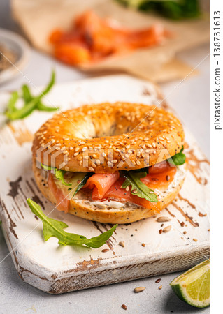 Bagel sandwich with salmon Bagel sandwich with salmon 138731613