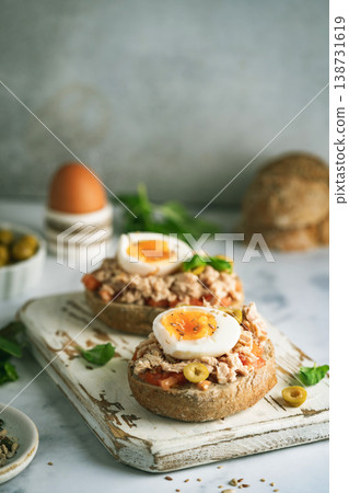 Tuna toast with boiled egg 138731619