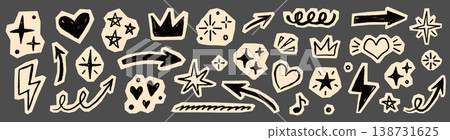Scrapbook collage sticker element set. Hand drawn paper cut collage with crayon doodle line brush texture. Cute planner craft template design with heart circle arrow star label frame. Vector 138731625