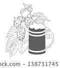 Monochrome llustration of hop branch with cones and leaves, paired with a glass of beer. Botanical line art perfect for craft beer design, brewery branding, packaging, vintage botanical compositions. 138731745