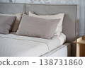 Comfortable bed with pillows and blanket inviting a relaxing sleep 138731860