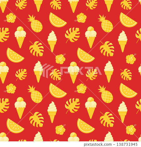 Summer seamless pattern with butter yellow ice cream watermelon and monstera leaves on red vector illustration. 138731945