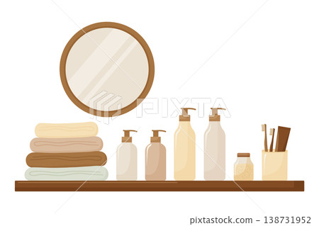 Bathroom shelf with organic skincare cosmetic bottles on white background vector illustration. 138731952