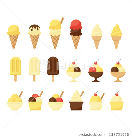 Ice cream set with waffle cones popsicles and sundae bowls isolated vector illustration. Ice cream set with waffle cones popsicles and sundae bowls isolated vector illustration. 138731956