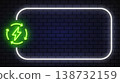 Neon renewable energy symbol with lightning and circular arrows. Bright green electric icon inside glowing frame on dark brick wall background. Perfect for eco power and sustainability themes. 138732159