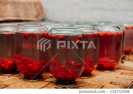 Canned cherry compotes. Freshly prepared. The jars must be turned over Canned cherry compotes. Freshly prepared. The jars must be turned over 138732606