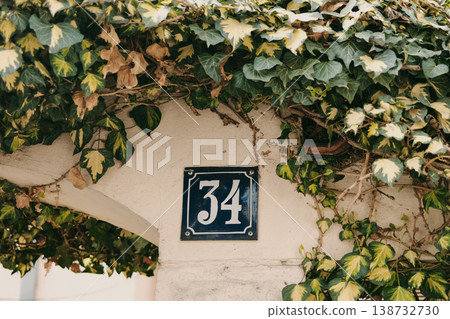 House 34 number sign on wall covered with green ivy leaves in natural light. Perfect for address concept, residential design, navigation and urban lifestyle themes House 34 number sign on wall covered with green ivy leaves in natural light. Perfect for address concept, residential design, navigation and urban lifestyle themes 138732730