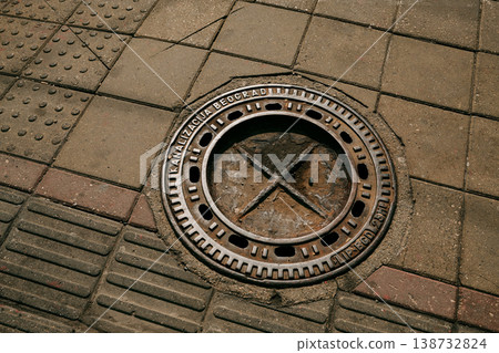 Metal manhole cover with urban pavement texture and Belgrade inscription. Concept of infrastructure, utilities and city environment Metal manhole cover with urban pavement texture and Belgrade inscription. Concept of infrastructure, utilities and city environment 138732824