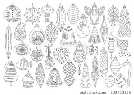 Christmas tree baubles set festive decor in different forms doodle outline hand drawn simple vector illustration for winter holidays seasonal greeting card, invitation, sticker, line art clipart 138733139