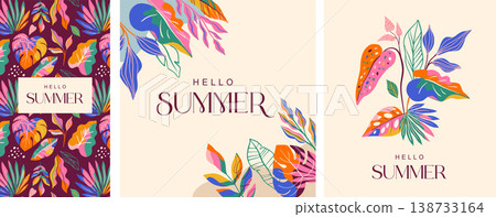 Exotic Hello Summer backgrounds with colorful jungle leaves. Modern tropical banner and poster Exotic Hello Summer backgrounds with colorful jungle leaves. Modern tropical banner and poster 138733164