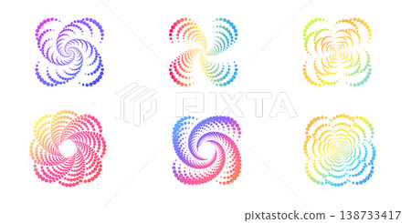 Dynamic halftone composition with radial gradients and geometric shapes. Vibrant neon-like energy radiates through concentric rings, perfect for modern visual designs. 138733417