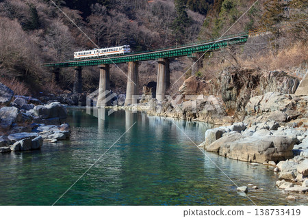從河岸向上望去，可以看到高山本線穿過碧綠的山谷。 138733419