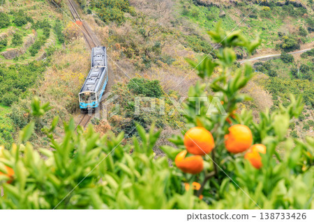 The Yosan Line, having crossed the Hokketsu Pass, runs past the mandarin orange groves at the foot of the mountain. The Yosan Line, having crossed the Hokketsu Pass, runs past the mandarin orange groves at the foot of the mountain. 138733426