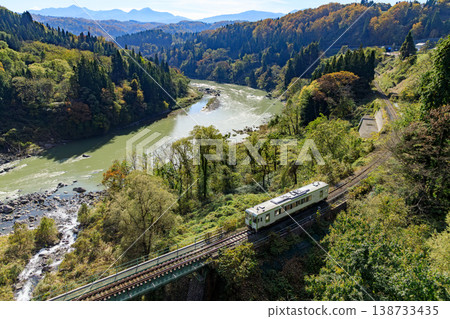 從榮橋上看到的秋日景象：飯山線上的柴油動車組沿著千曲川行駛，畫面中可以看到深秋時節的景象。 138733435