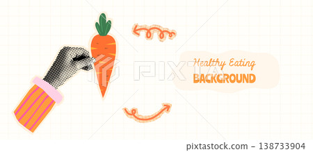 Fun vector collage with halftone hand holding a carrot, cute design with copy space for banners, food packaging 138733904