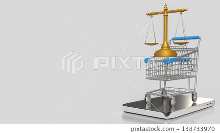 Online Shopping Legal Balance Concept With Scales And Digital Cart 3d render. 138733970