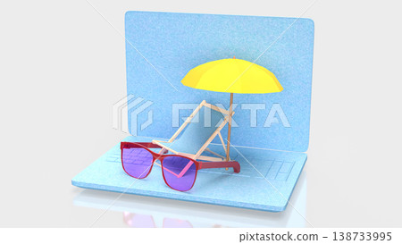 Summer Vacation Concept With Laptop Beach Scene 3d render. Summer Vacation Concept With Laptop Beach Scene 3d render. 138733995