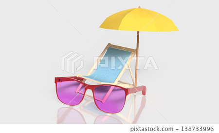 Summer Beach Vacation Accessories With Sunglasses And Umbrella 3d render. Summer Beach Vacation Accessories With Sunglasses And Umbrella 3d render. 138733996
