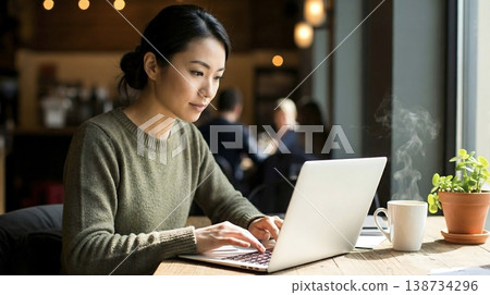 Teleworking lifestyle: A woman working remotely from a cafe. Teleworking lifestyle: A woman working remotely from a cafe. 138734296