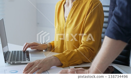 Business partners are collaborating on a project, analyzing financial charts and using a laptop to input data, working together in sunny office. Businesspeople concept 138734496
