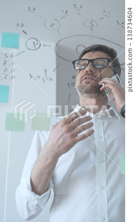 Manager talking on phone while standing in front of a glass wall with handwritten business strategy diagrams and sticky notes, planning corporate tasks Manager talking on phone while standing in front of a glass wall with handwritten business strategy diagrams and sticky notes, planning corporate tasks 138734604