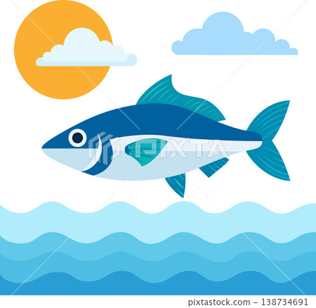 Fish swimming in ocean under sun and clouds with swimming wildlife illustration tropical underwater creature stylized movement recreation adventure vacation Fish swimming in ocean under sun and clouds with swimming wildlife illustration tropical underwater creature stylized movement recreation adventure vacation 138734691
