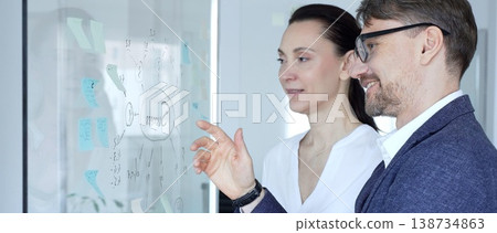 Business professionals collaborating on a strategic plan, brainstorming ideas and charting a path to success on a clear glass whiteboard in a modern office setup 138734863