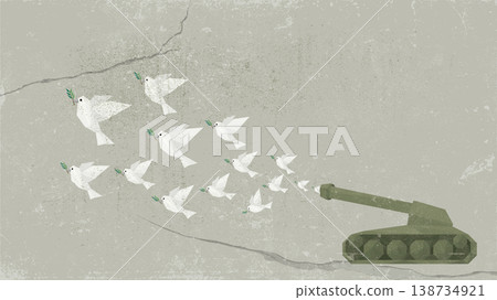 Abstract polygon flock of peace doves carrying olive branch flew out from the muzzle of the military tank's cannon painted on old cement wall fade condition have blank space. Abstract polygon flock of peace doves carrying olive branch flew out from the muzzle of the military tank's cannon painted on old cement wall fade condition have blank space. 138734921