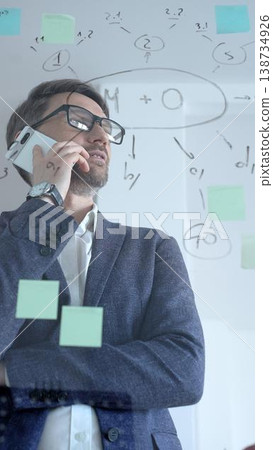 Businessman conversing on a mobile phone while actively developing new business strategies and projects, managing tasks on a glass whiteboard during a planning session Businessman conversing on a mobile phone while actively developing new business strategies and projects, managing tasks on a glass whiteboard during a planning session 138734926