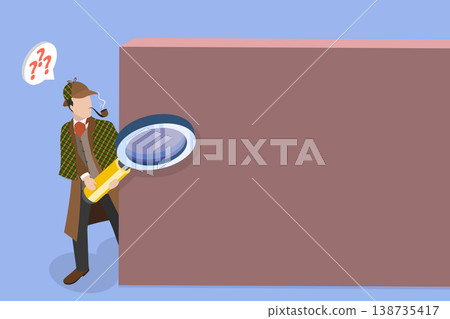 3D Isometric Flat Vector Illustration of Mystery Detective, Detective Uncovering A Mystery Behind A Wall. 3D Isometric Flat Vector Illustration of Mystery Detective, Detective Uncovering A Mystery Behind A Wall. 138735417