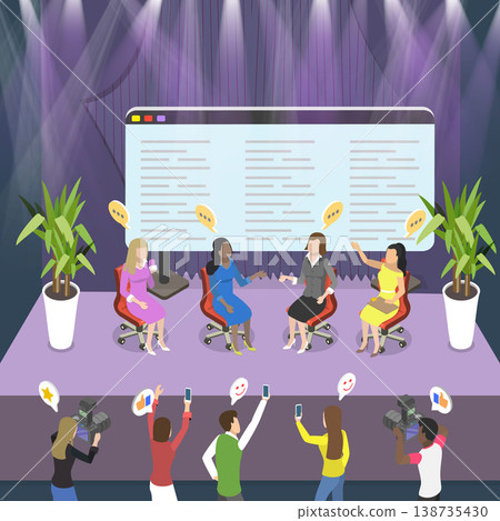 3D Isometric Flat Vector Illustration of Debates, Speakers Presenting At Science Forum On Auditorium Stage In Front Of Live Audience 3D Isometric Flat Vector Illustration of Debates, Speakers Presenting At Science Forum On Auditorium Stage In Front Of Live Audience 138735430