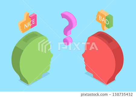 3D Isometric Flat Vector Illustration of Cognitive Perception, Two Viewpoints On A Single Issue, Metaphor From Psychology. 3D Isometric Flat Vector Illustration of Cognitive Perception, Two Viewpoints On A Single Issue, Metaphor From Psychology. 138735432